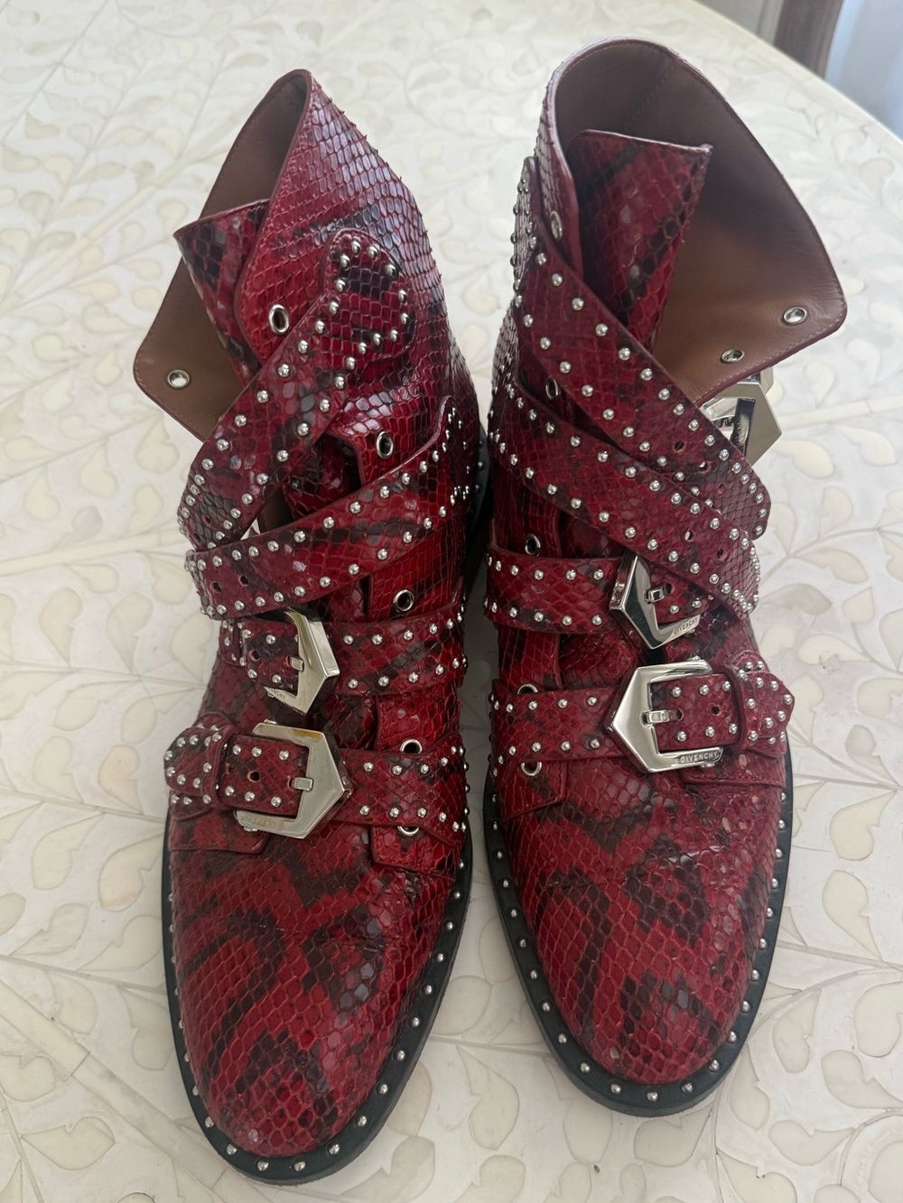 Givenchy Studded Red Snakeskin Buckle Ankle Boots